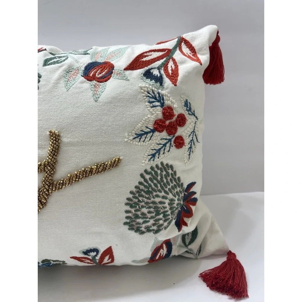 Christmas Throw Pillow Joy Beaded Embroidery White Gold Green Red Tassels 17x9.5